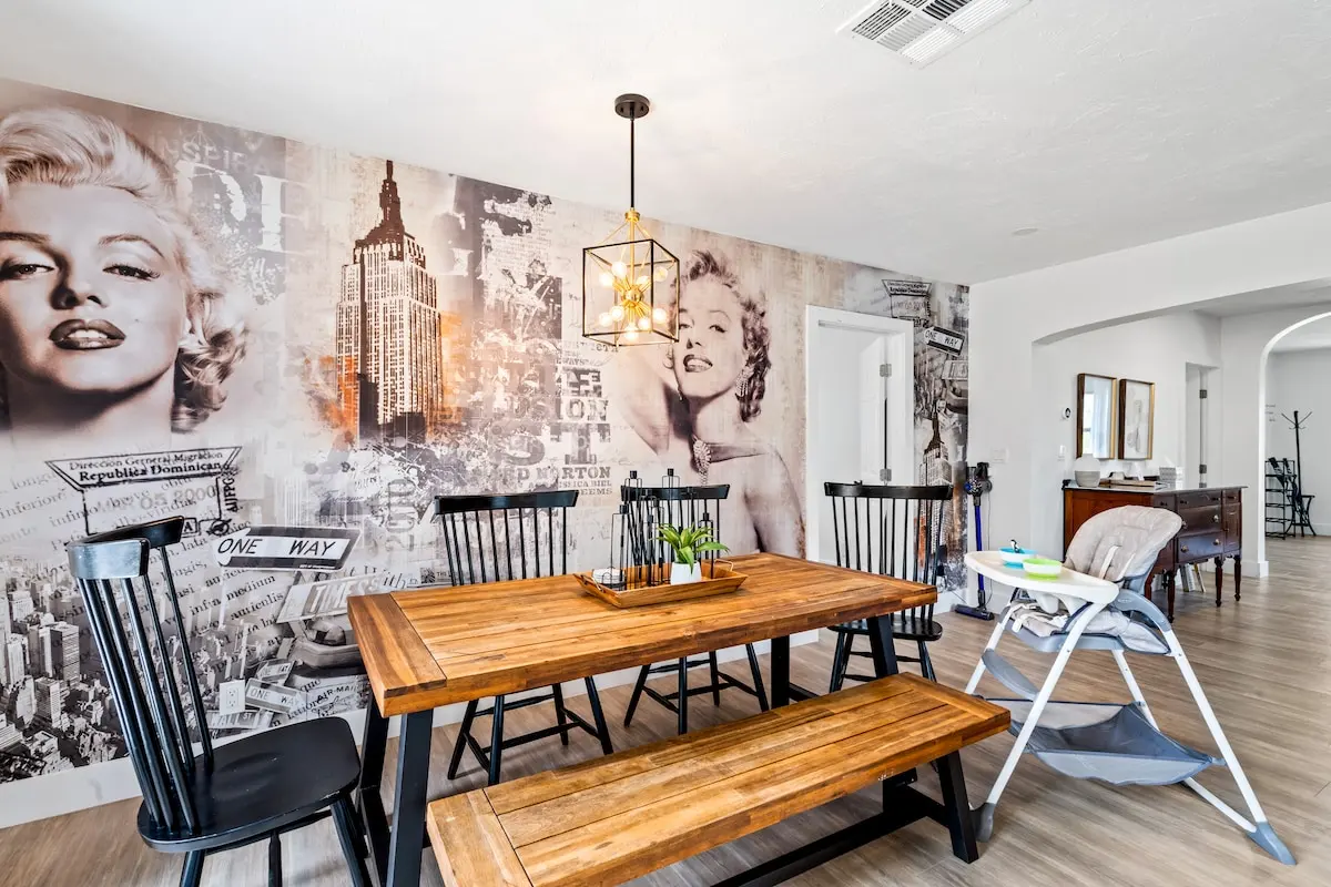 Dining room with Marilyn Monroe wallpaper