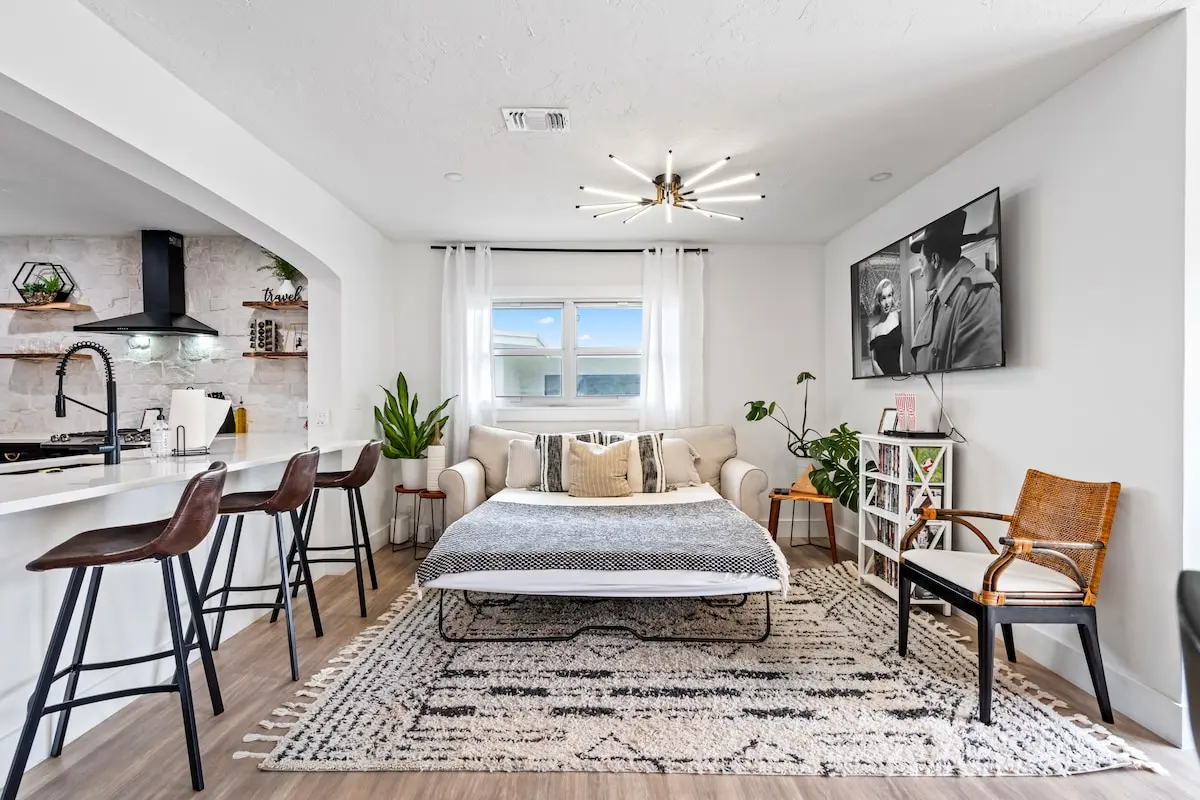 Need extra space? The couch pulls out into a comfy queen-size bed — great for extra guests or a cozy movie marathon spot.