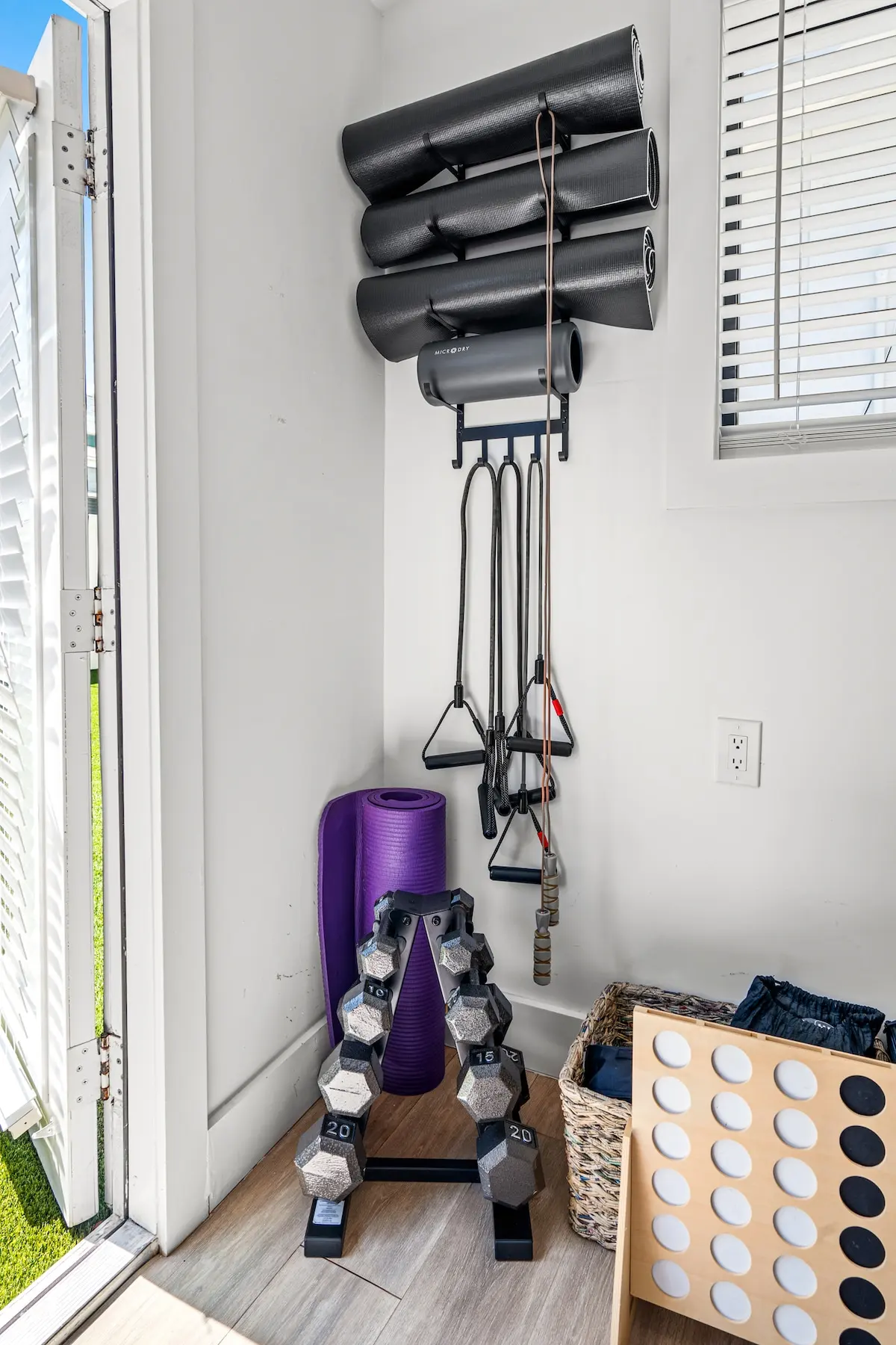 Workout essentials ready to go! Dumbbells, mats, and resistance bands make staying active a breeze